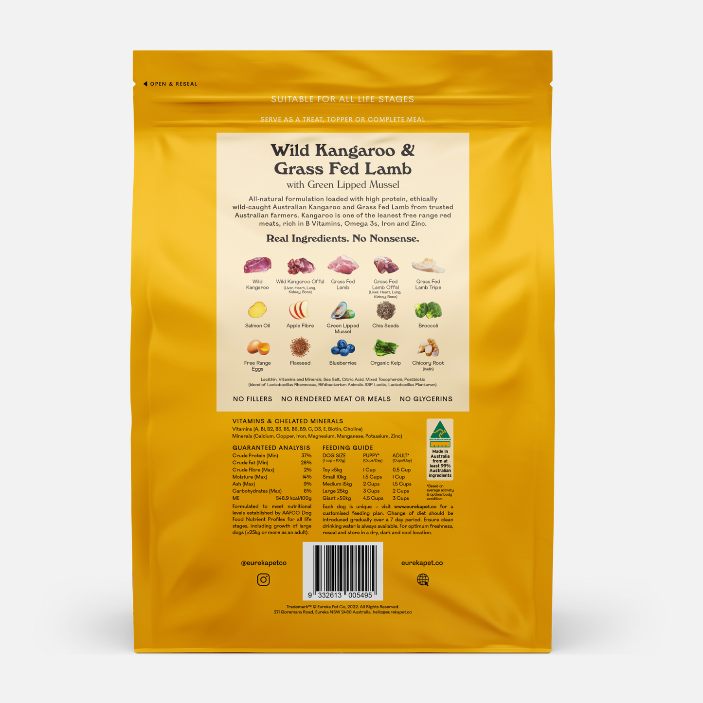The back of a bag of Eureka Wild Kangaroo & Lamb Air-Dried Dog Food, showing the ingredients.