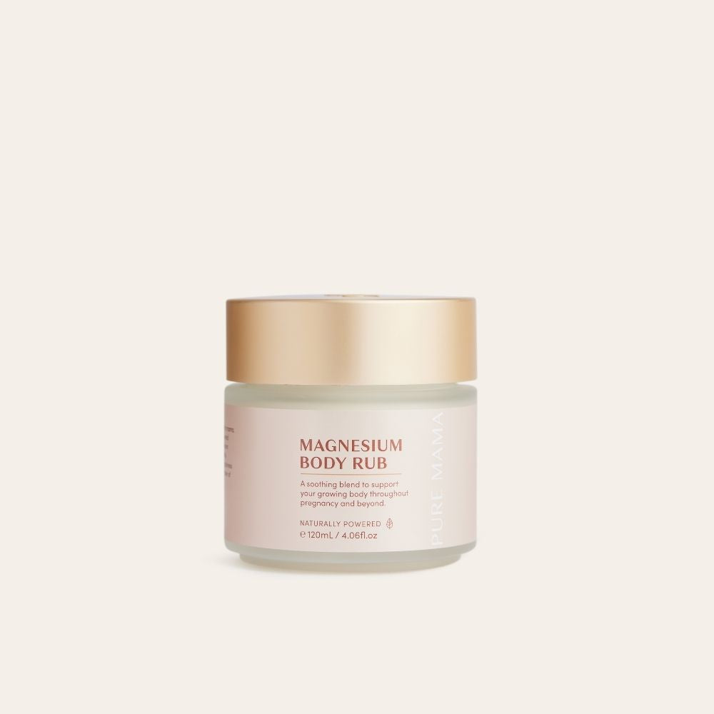 A 120ml jar of Pure Mama Magnesium Body Rub with a gold lid offers a soothing blend to support you and baby throughout pregnancy and beyond, designed to promote muscle relaxation.