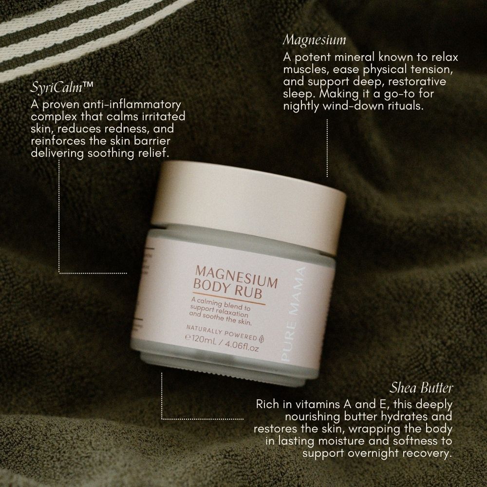 A jar of Pure Mama Magnesium Body Rub rests on fabric. The text highlights SyriCalm™ for anti-inflammation, Magnesium for relaxation and pain relief, and Shea Butter for skin hydration—ideal for skin and muscle care.
