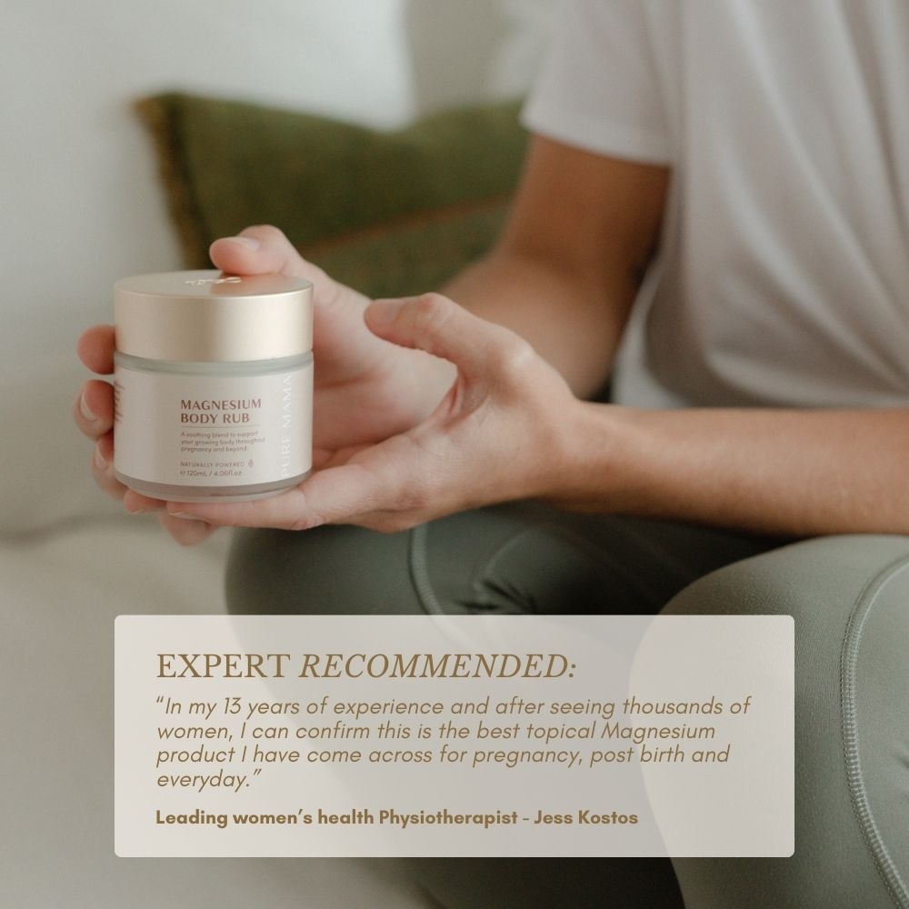 A person holds a jar of Pure Mama Magnesium Body Rub while sitting cross-legged. A text overlay features an expert endorsement by womens health physiotherapist Jess Kostos, highlighting its SyriCalm™ formula for pain relief.